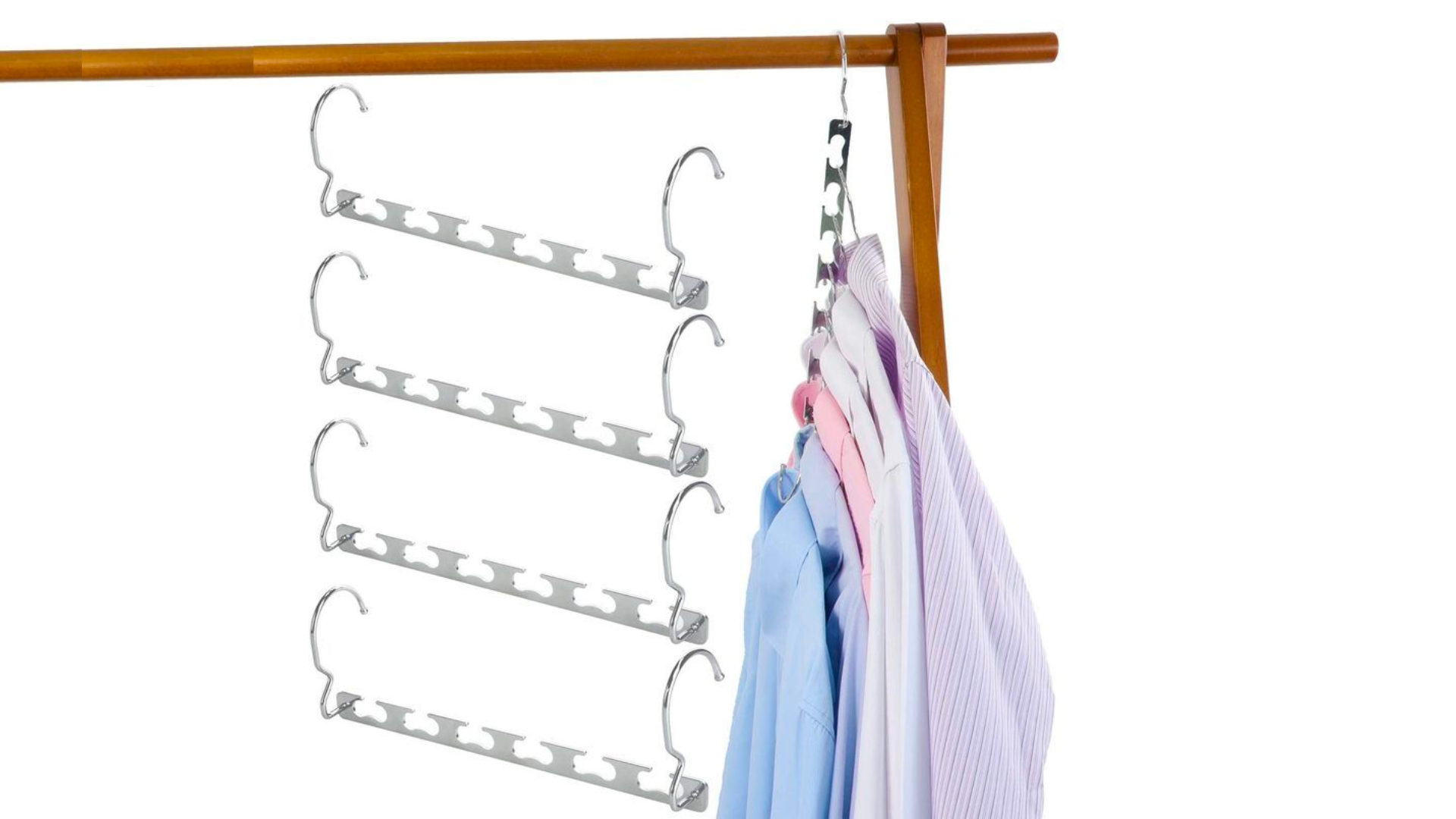  Three wonder hooks in the middle of the image. One wonder hook attached to a clothing rack, with shirts on hangers hanging from the hooks vertically.