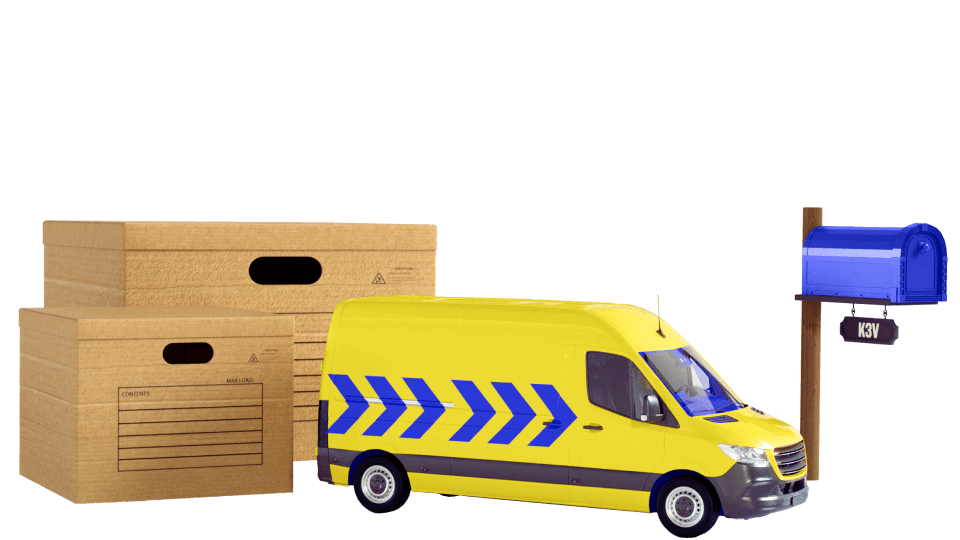 Icon image showing a yellow pick up van stopping by a letterbox and two parcels on the ground.