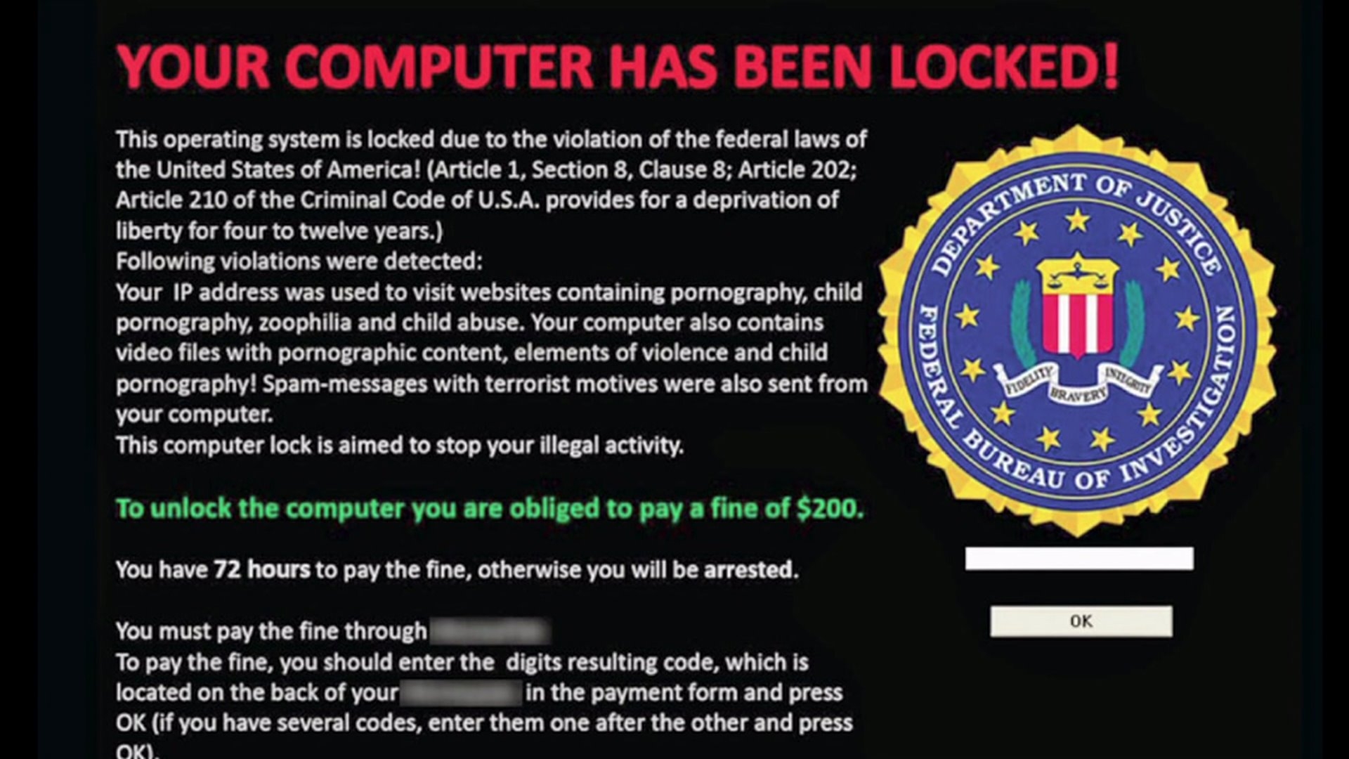 A scam alert requesting $200 to unlock your computer