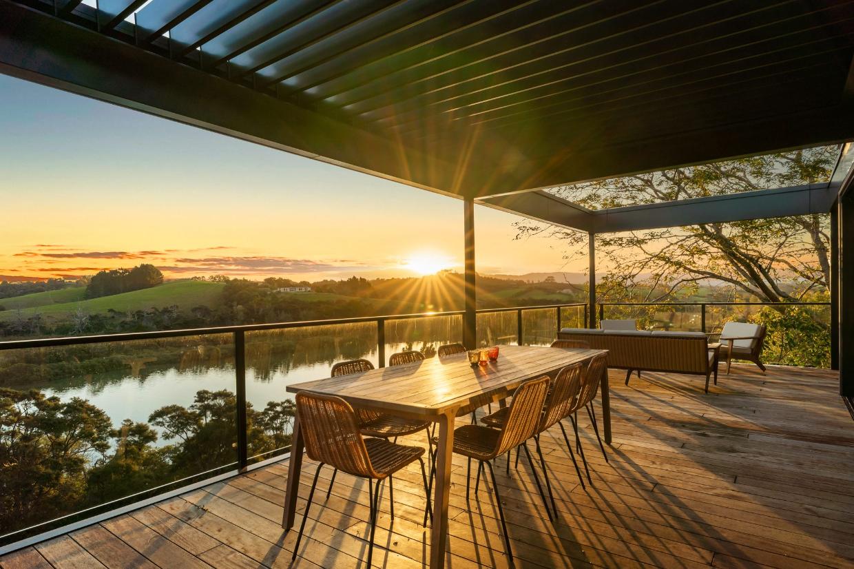 Sunset and outdoor dining.