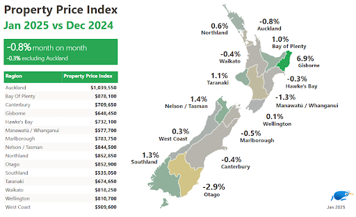 Map of NZ property prices in January 2025 