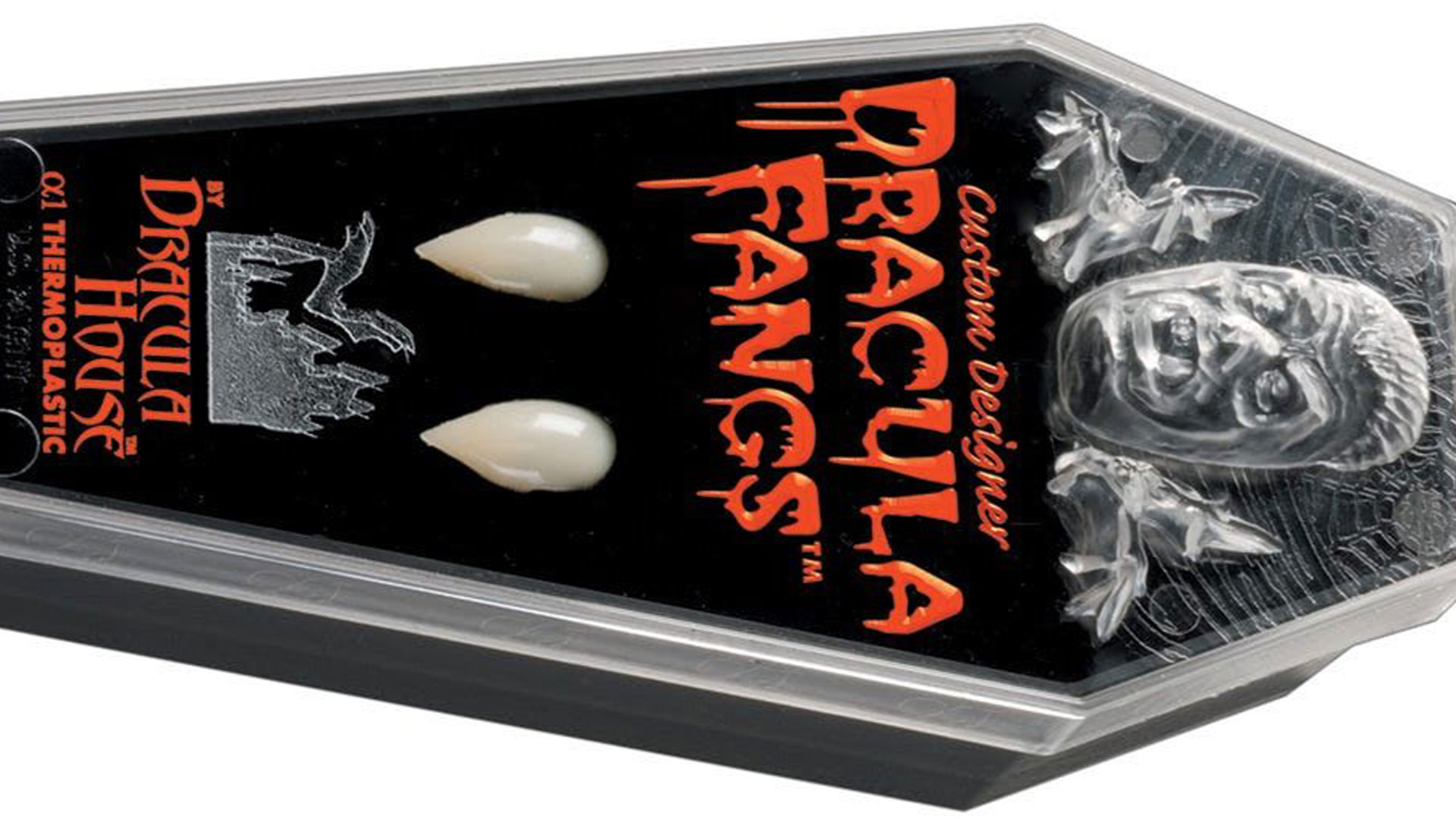 A box with dracula fangs for a Halloween costume.