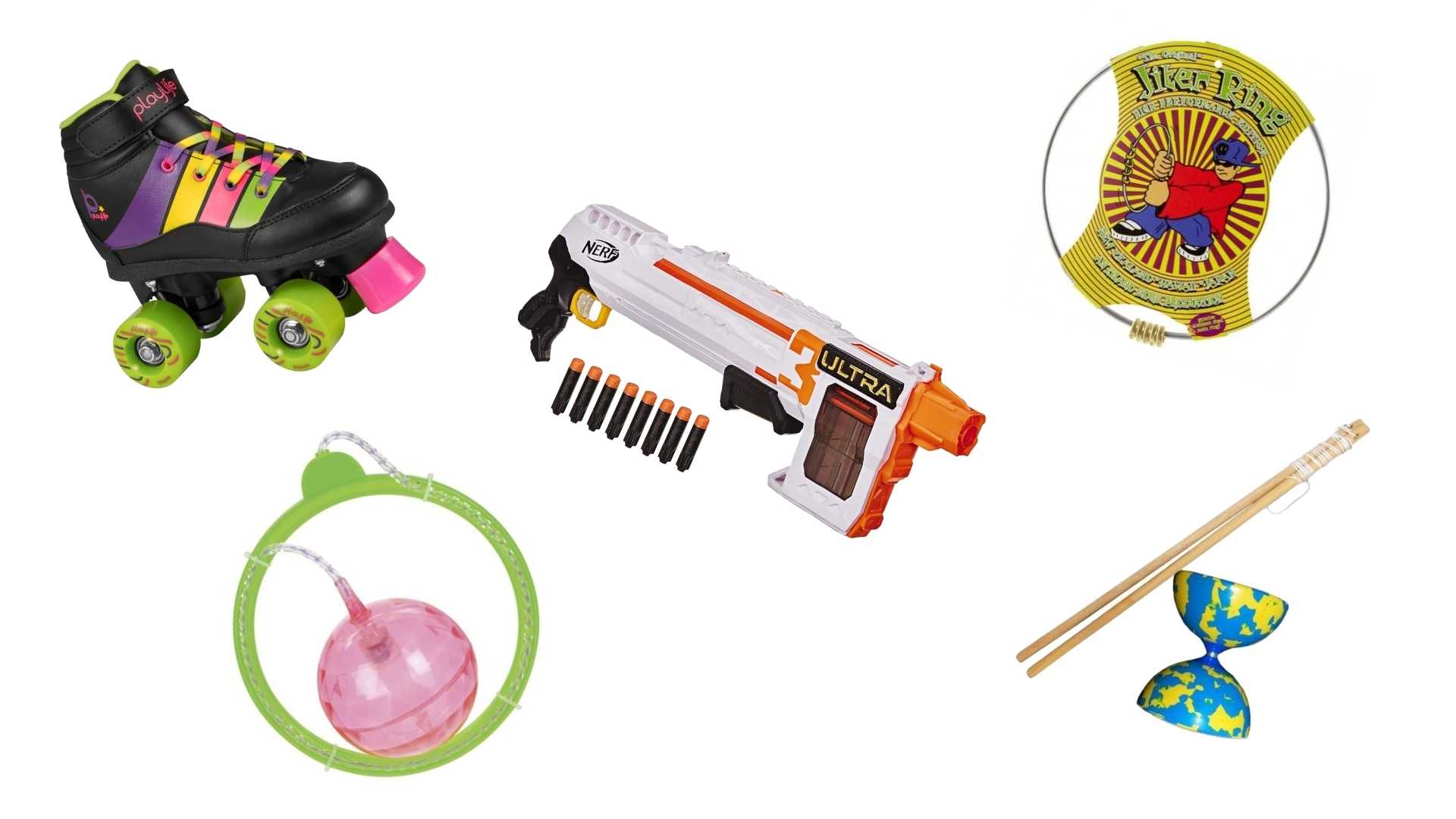 A rollerskate, a Skip It, a Nerf gun, a Chatter Ring and a diabolo toy.
