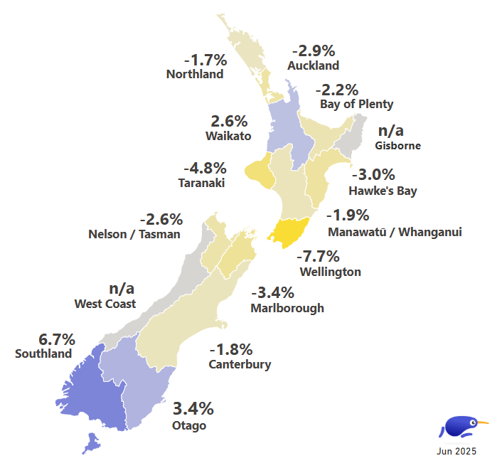 Map showing year on year changes in rental price index