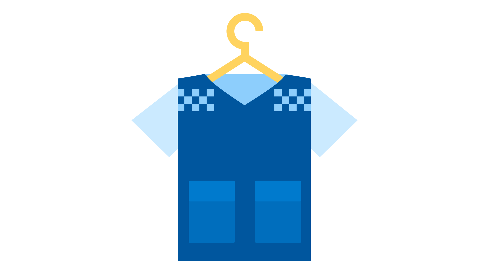 Illustration of a police uniform on a yellow coat hanger.