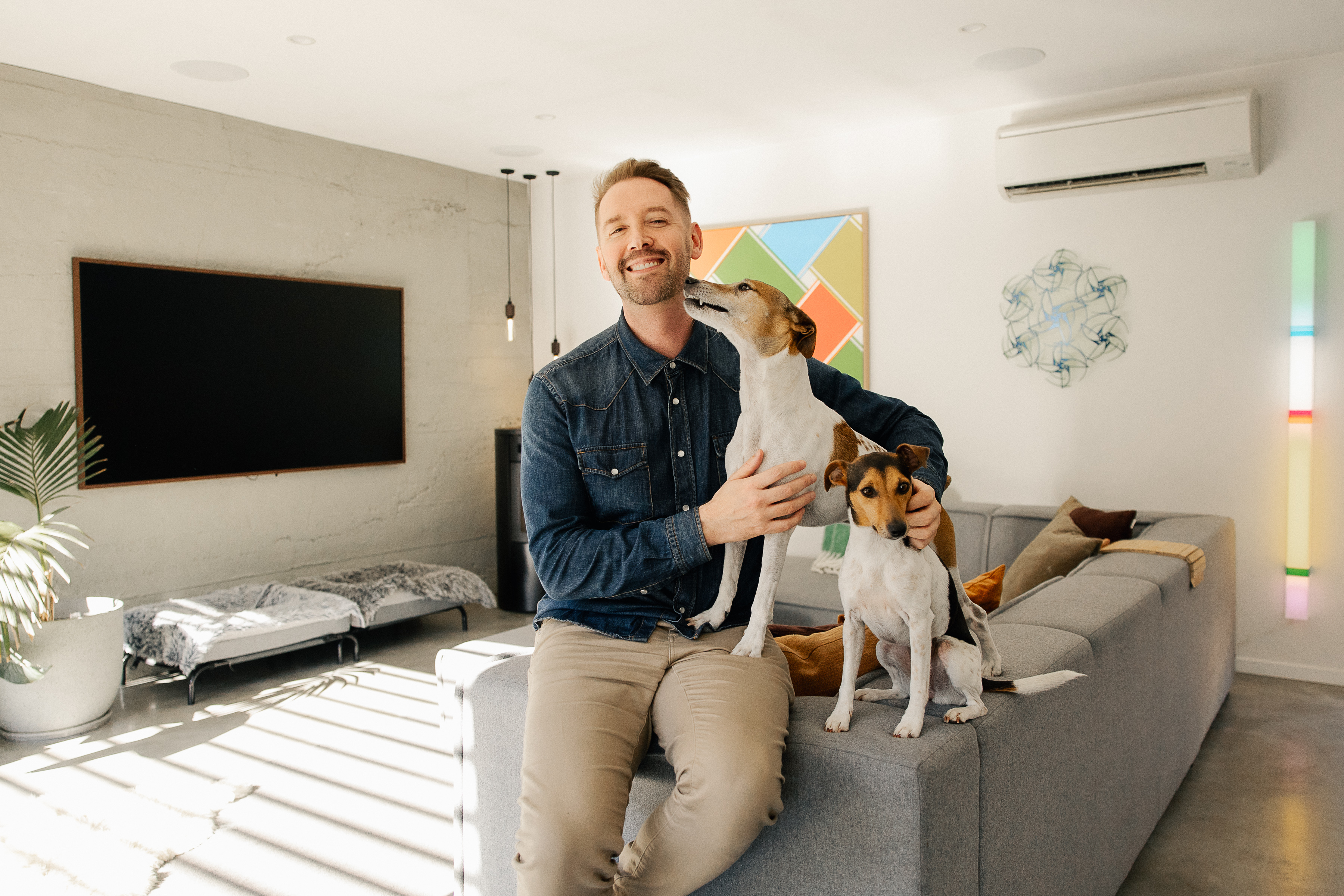 Anthony with dogs Mia and Freddy