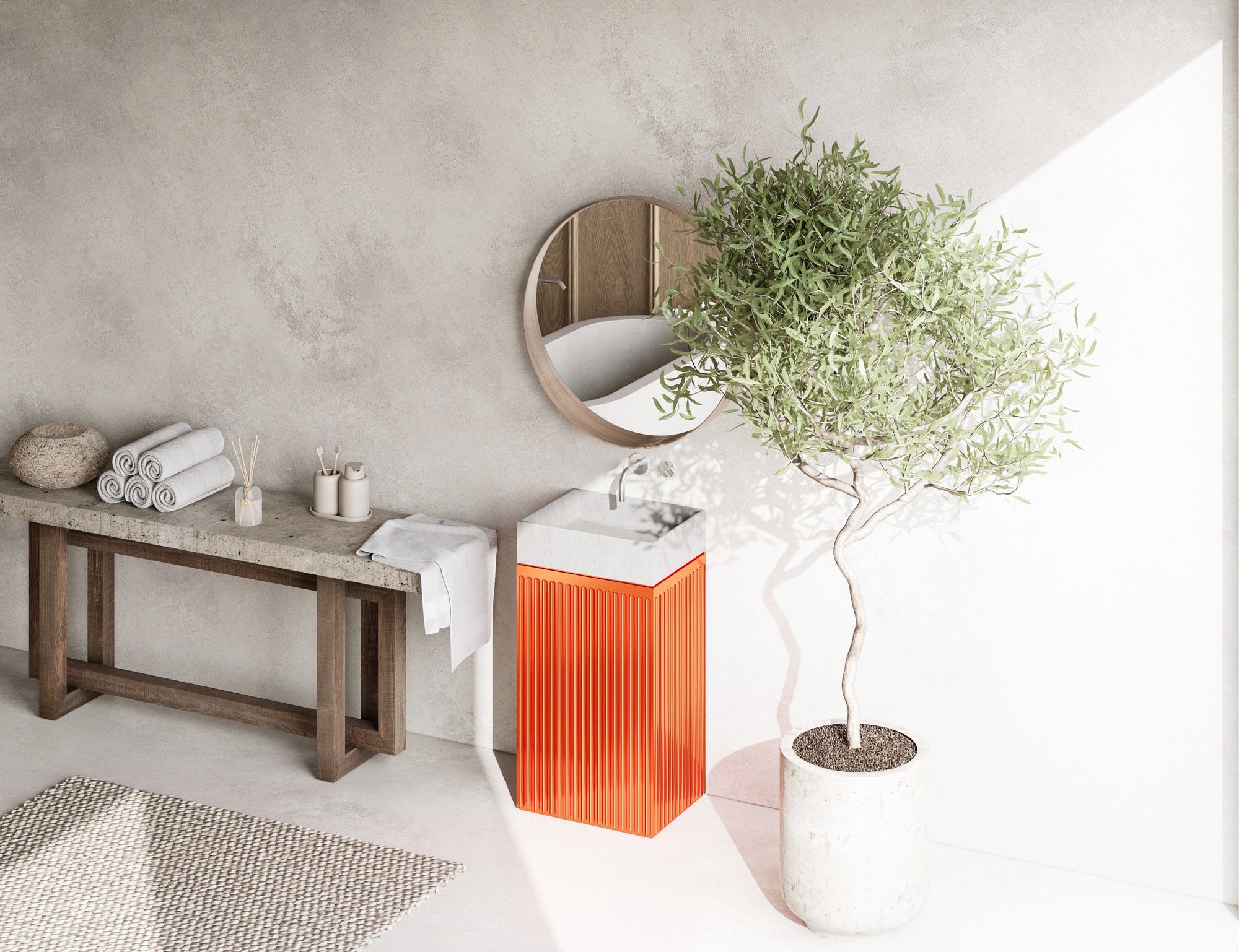 A clean bathroom featuring an olive tree for a natural touch, complemented by a vibrant colour pop on the sink stand.