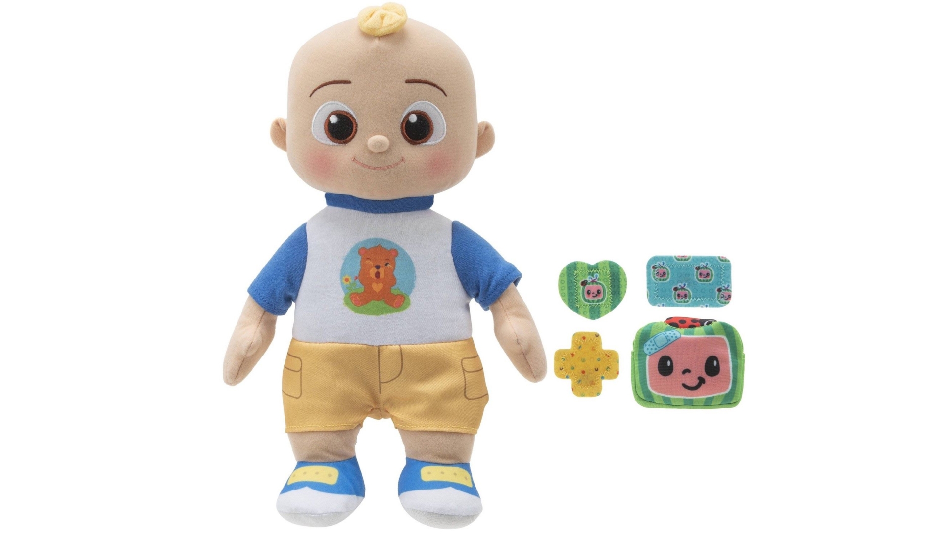 CoComelon Boo Boo JJ Plush, an interactive doll with lights and bandages for imaginative healing play.