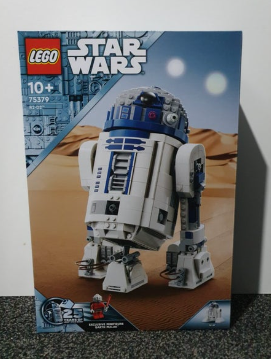 R2-D2 is a blue and white droid 