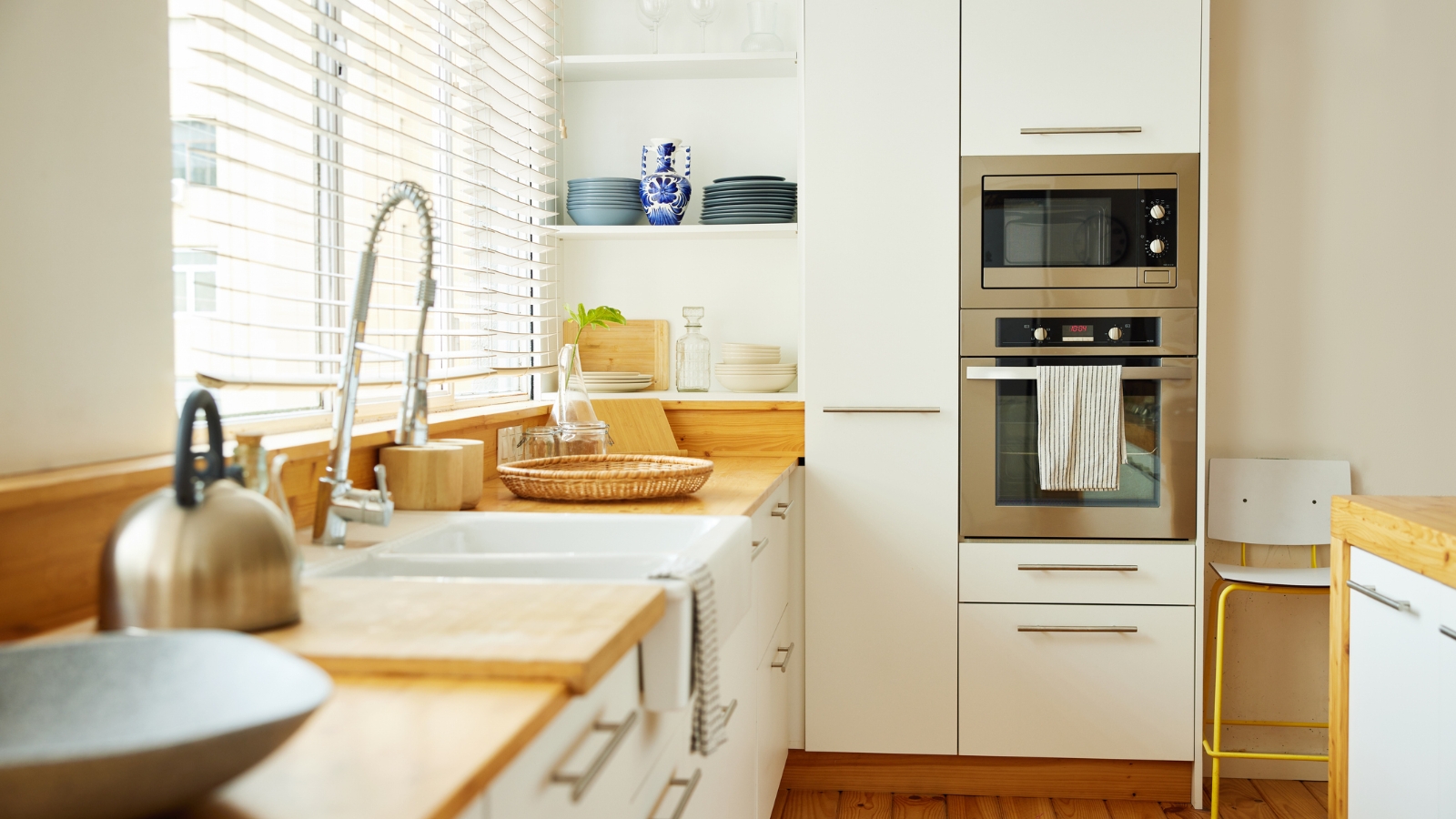 Renovated kitchen with wooden countertops. 