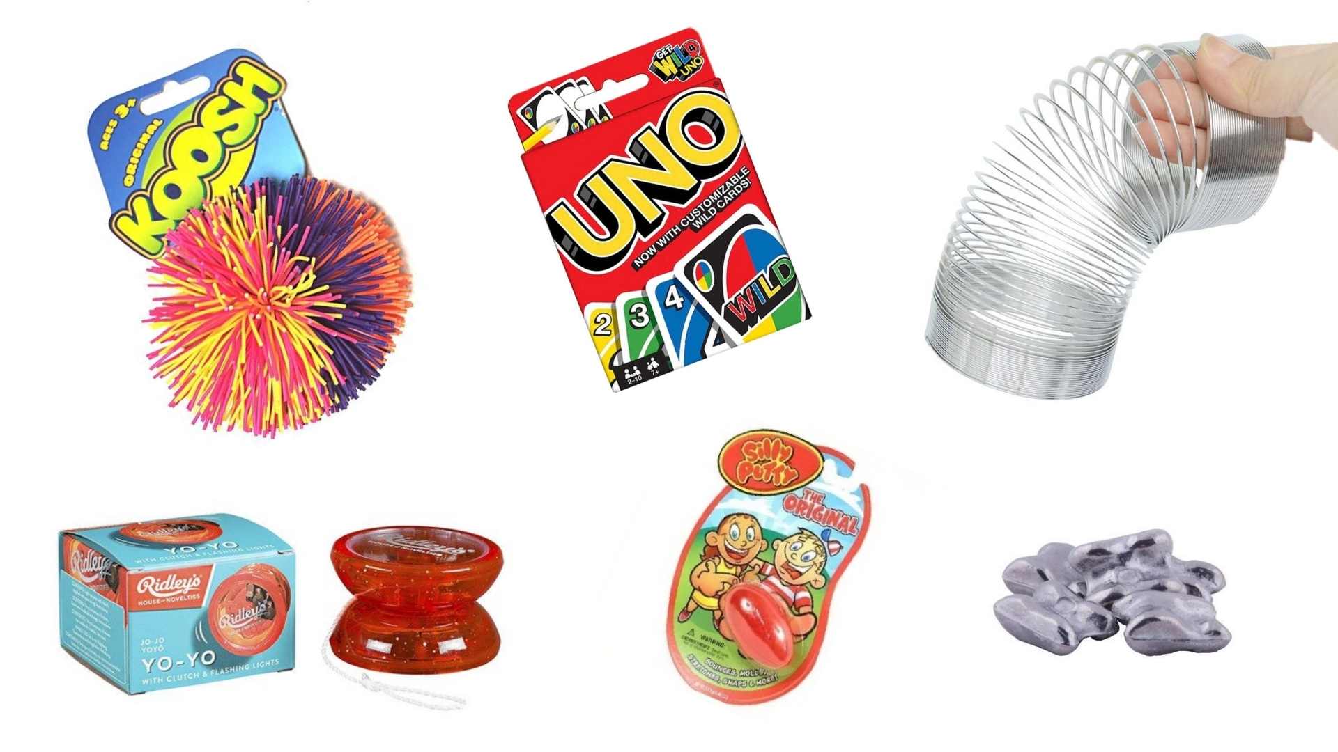 A Koosh ball, a yoyo, silly putty, a pack of Uno, a slinky and some knucklebones.
