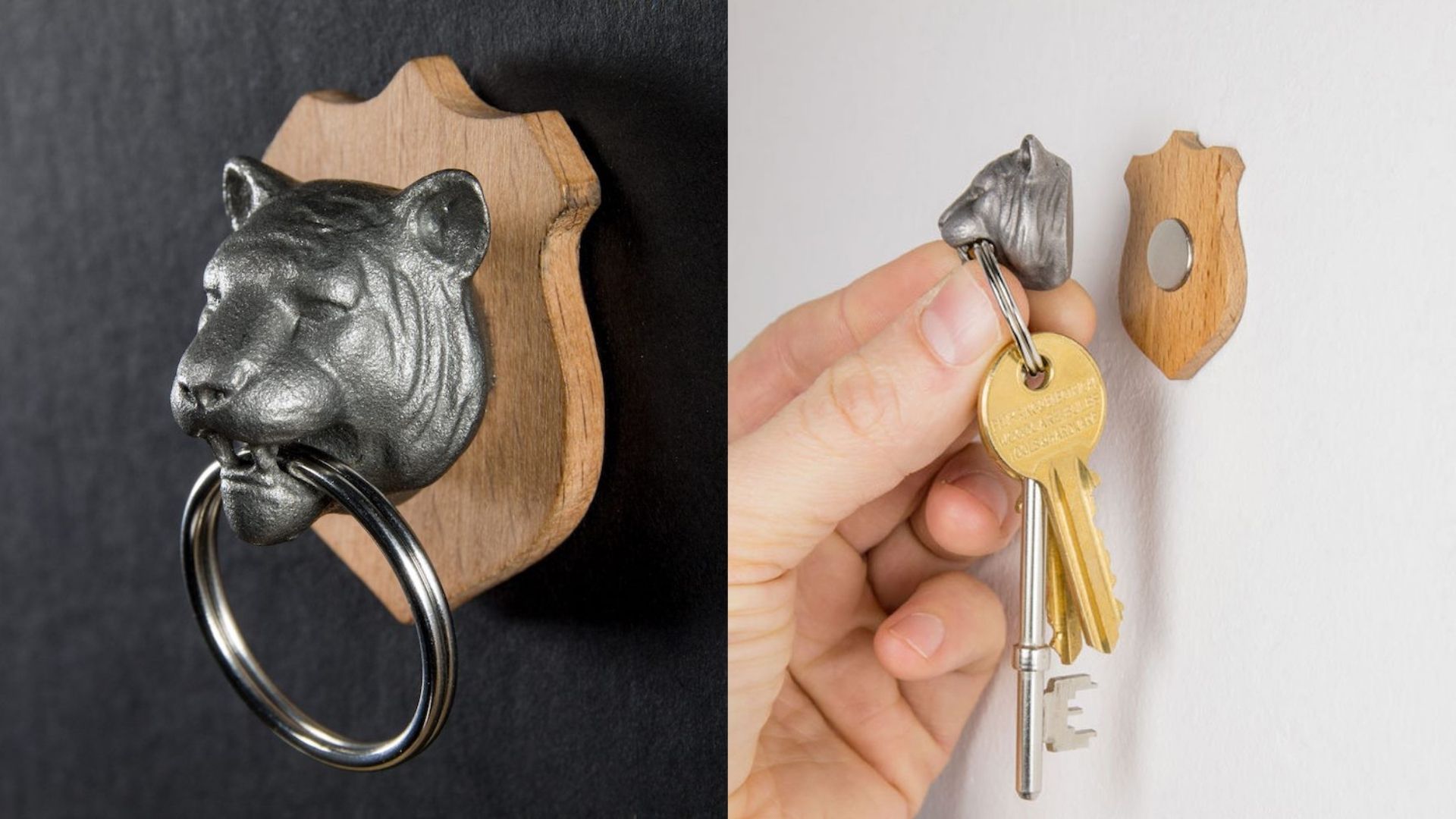 On the left is a small metal tiger’s head on a wooden plaque on a wall, with a key ring in its mouth. On the right is a hand going to place the same metal tiger’s head with keys in its mouth onto the plaque, with a magnet in the middle of the plaque.