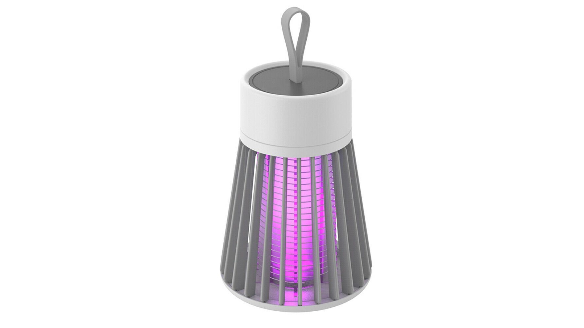 An upright portable mosquito lamp. It's turned on, producing a purple light.