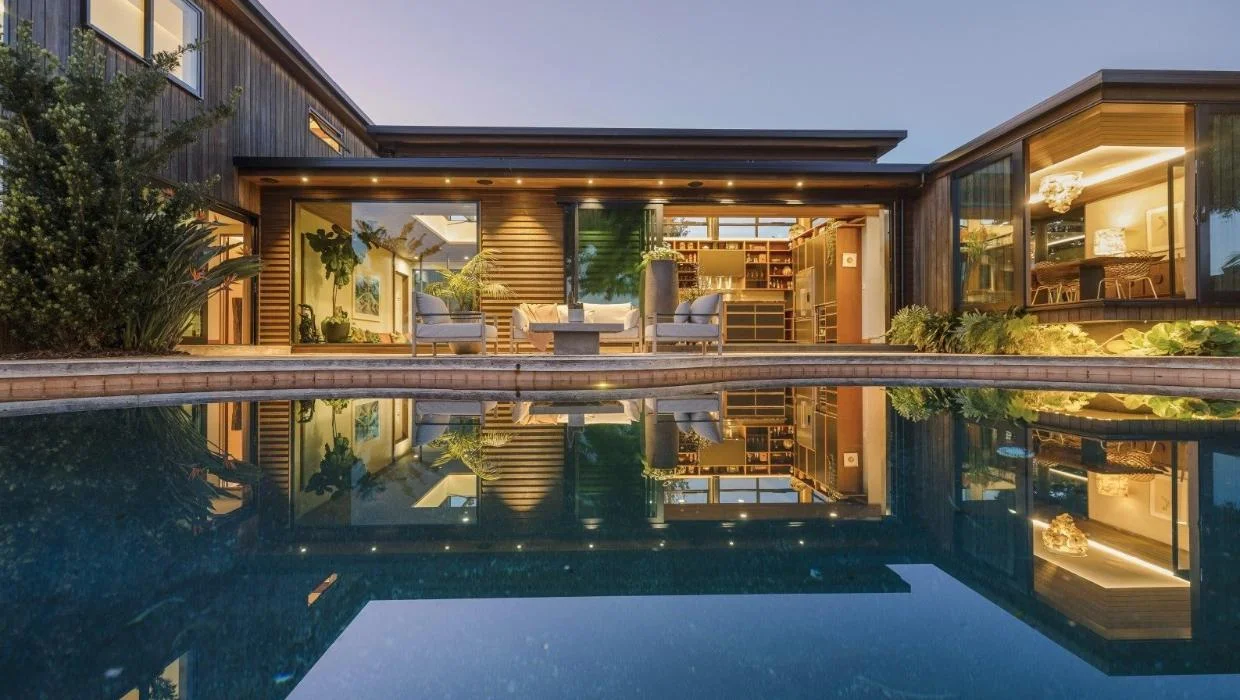 view from pool to house