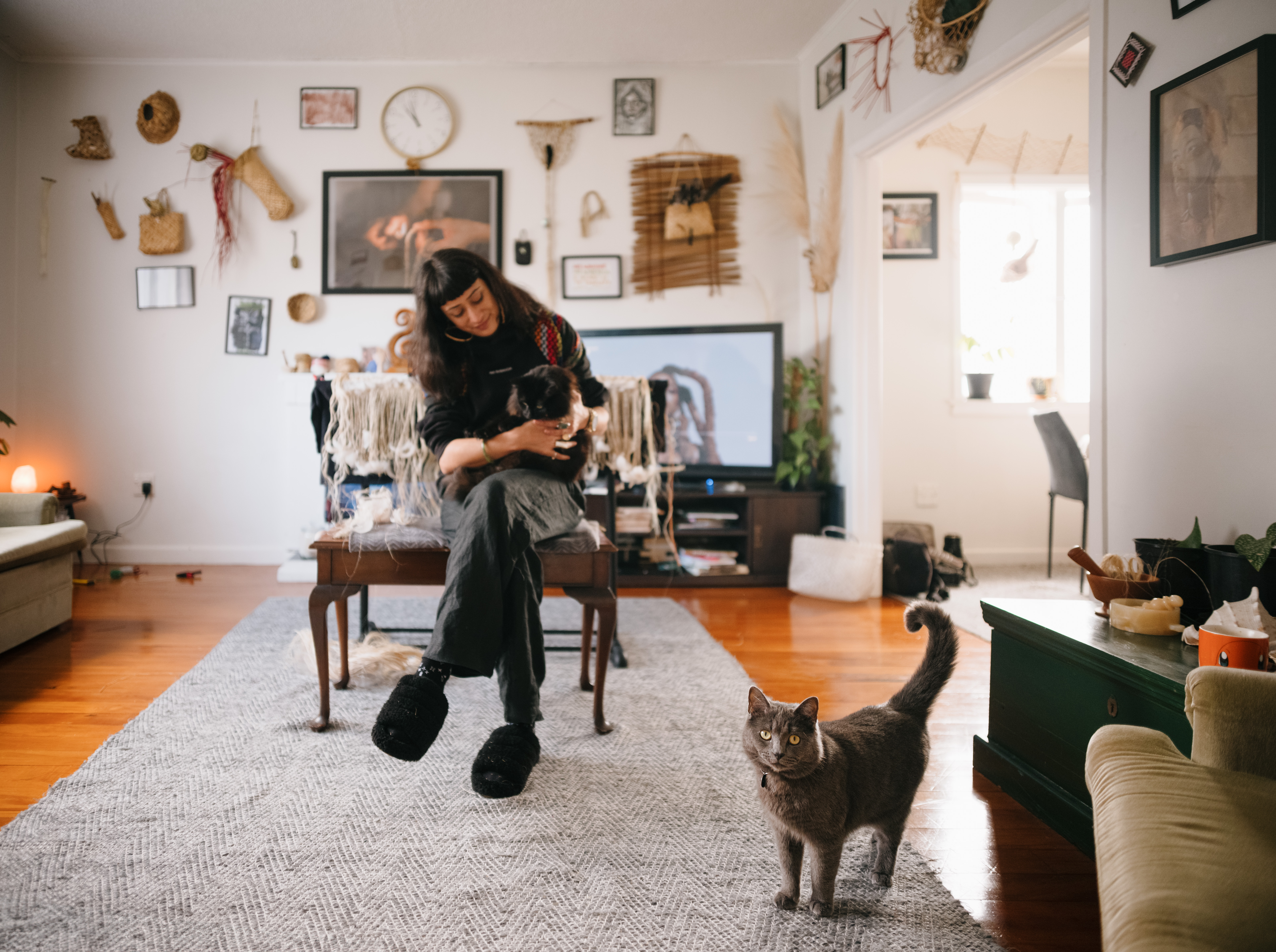 Ahi with her cats Kowhiri and Tamatea