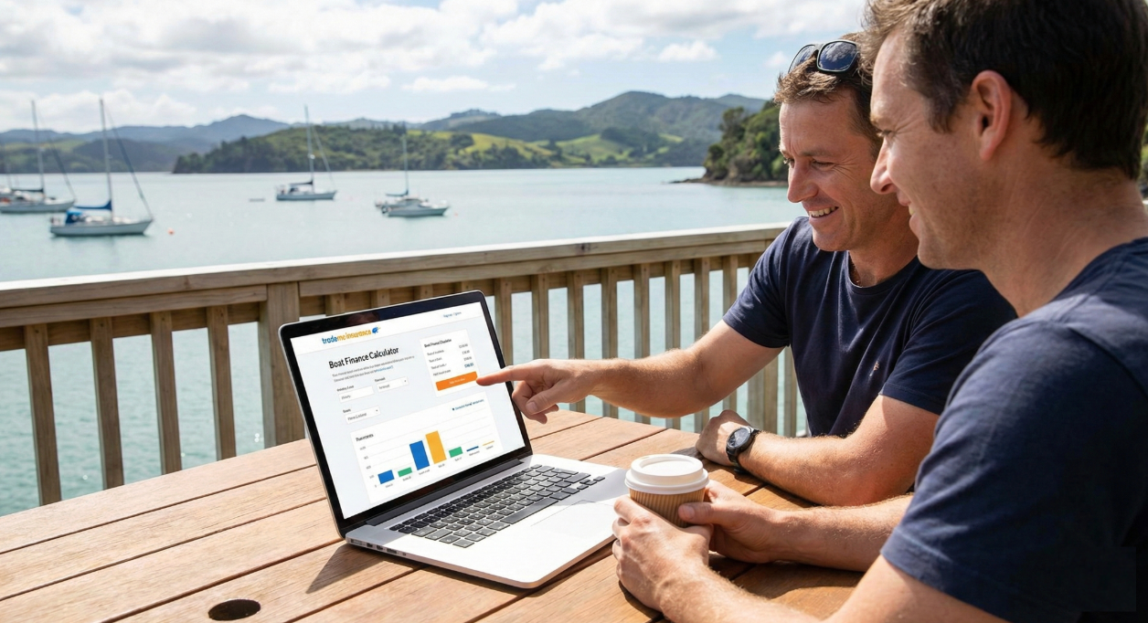 Two men using a boat finance calculator in New Zealand.