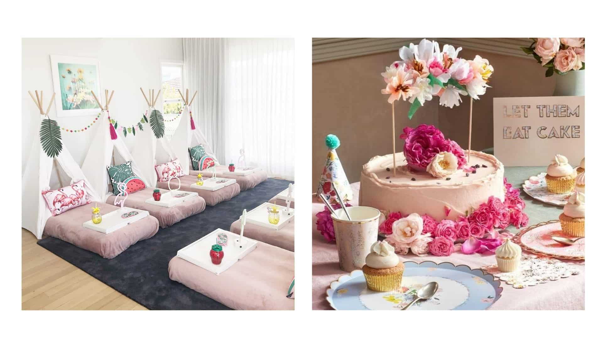 A split image, the one on the left showing a children’s playroom converted for a slumber party with rows of matching beds with teepee awnings. The image on the right shows a tea party themed birthday party, with a large pink cake, cupcakes and party hats.
