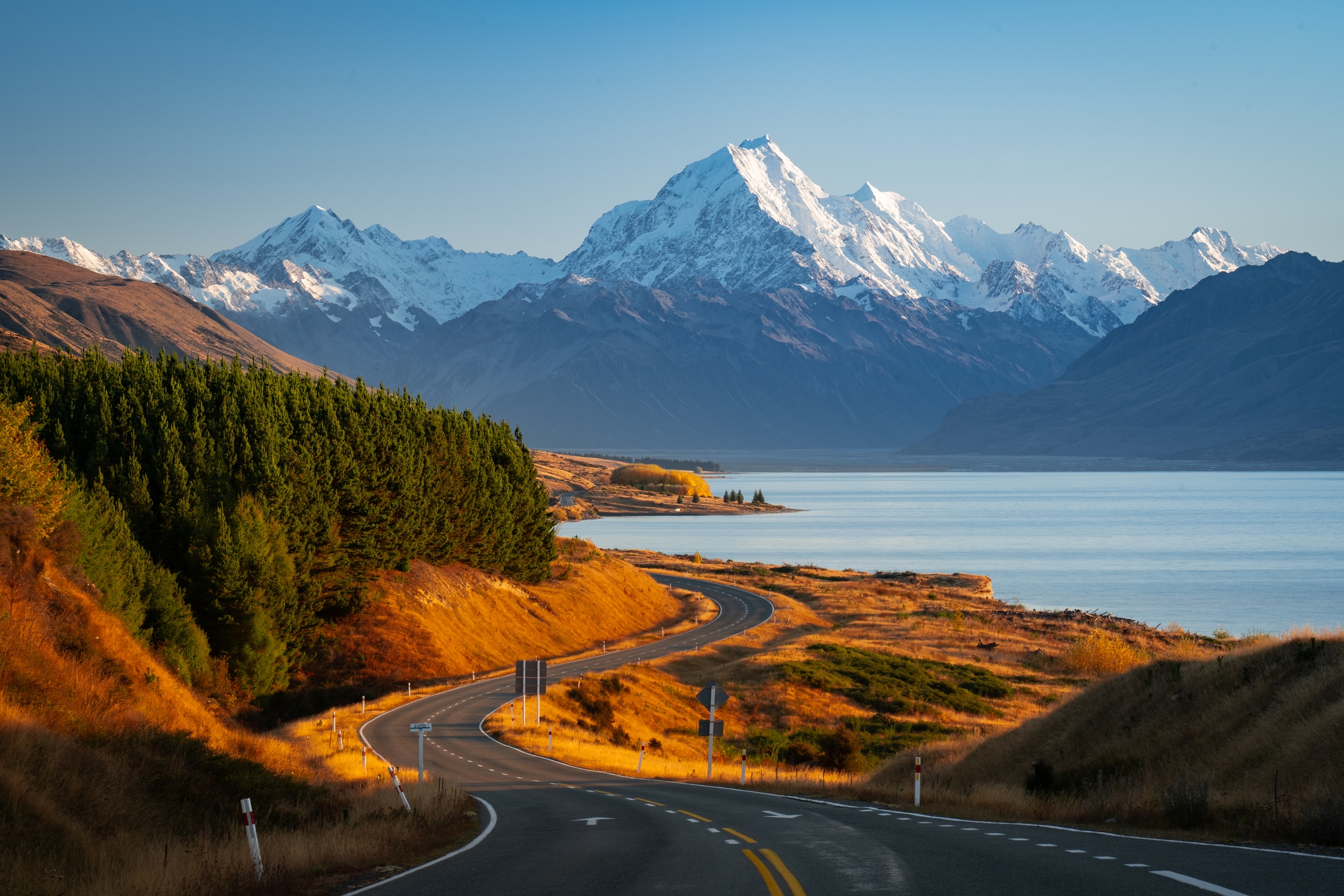 Scenic view of snowcapped mountains against clear blue sky, Canterbury, New Zealand