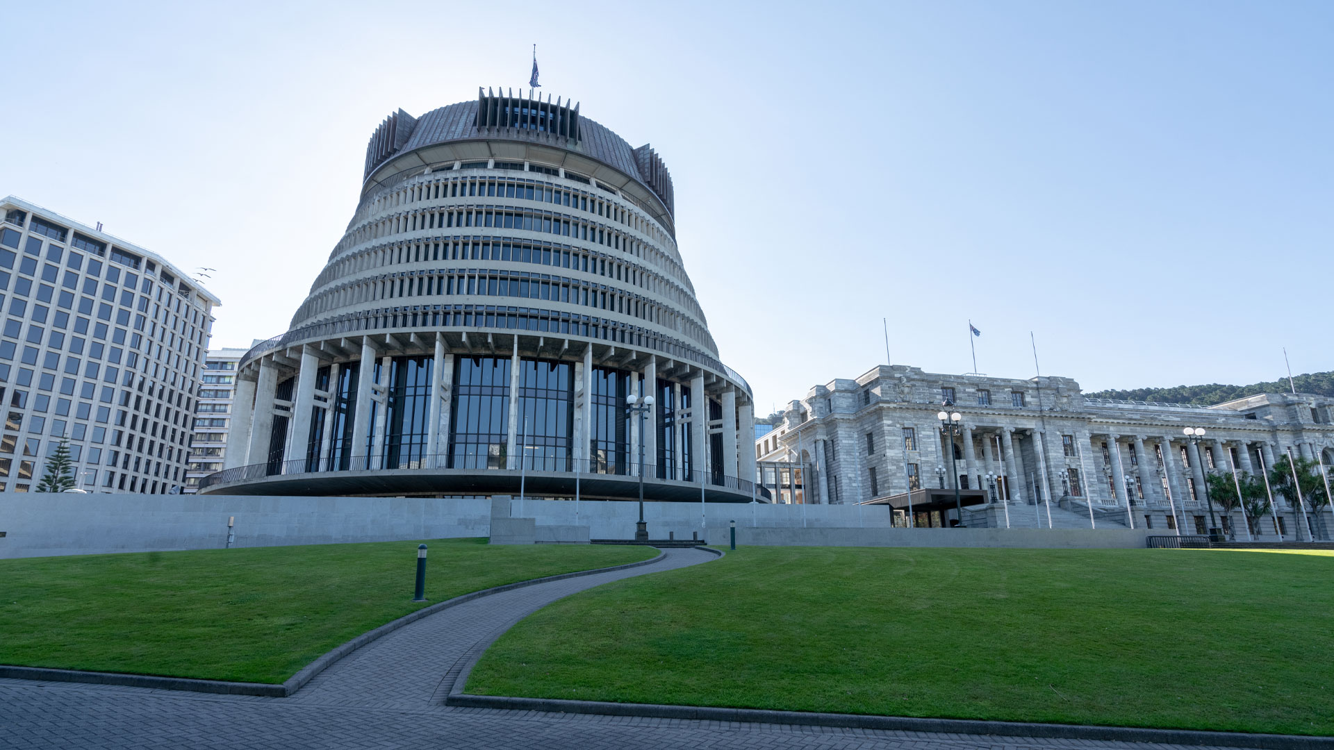 The Beehive, New Zealand's seat of power, in Wellington, New Zealand.