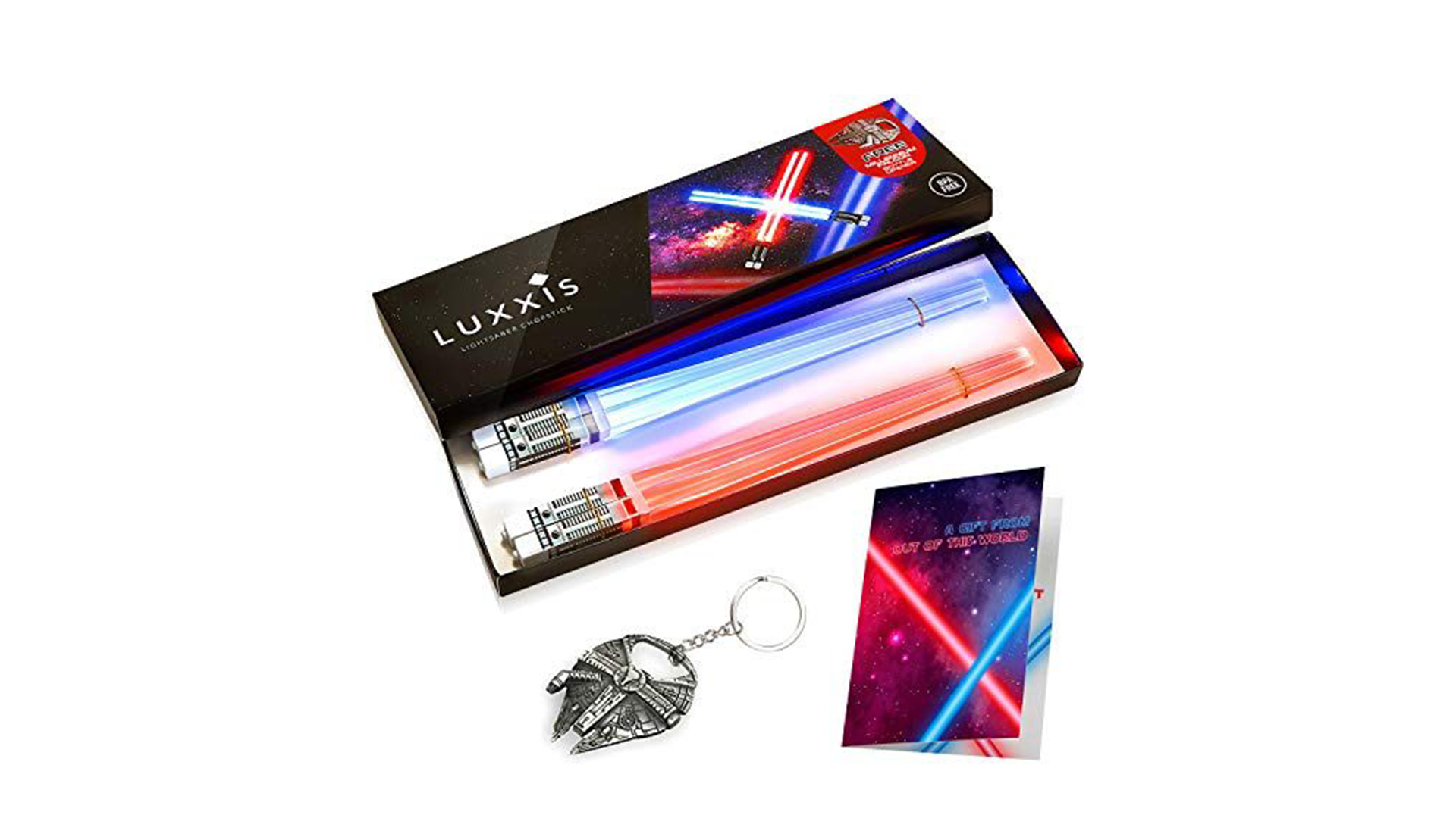 An open box containing two pairs of lightsabre chopsticks – one red and one blue. Below is a Millennium Falcon keyring and a card with crossed red and blue lightsabres on the front.