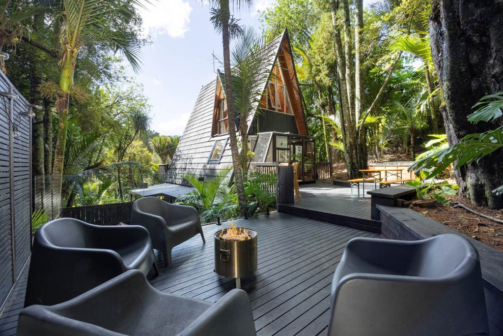 Back yard feels like a resort with the spa and fire pit.