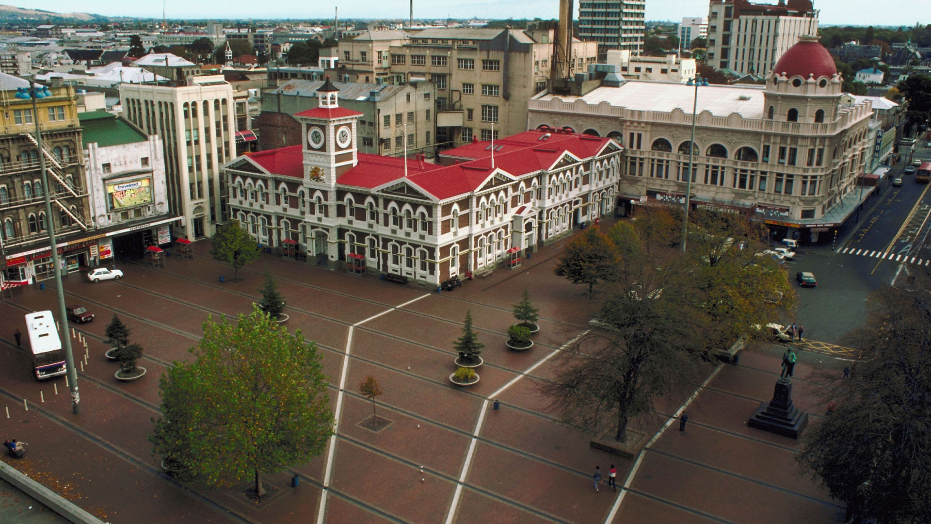 Aerial photo of the main square in Christchurch, New Zealand.