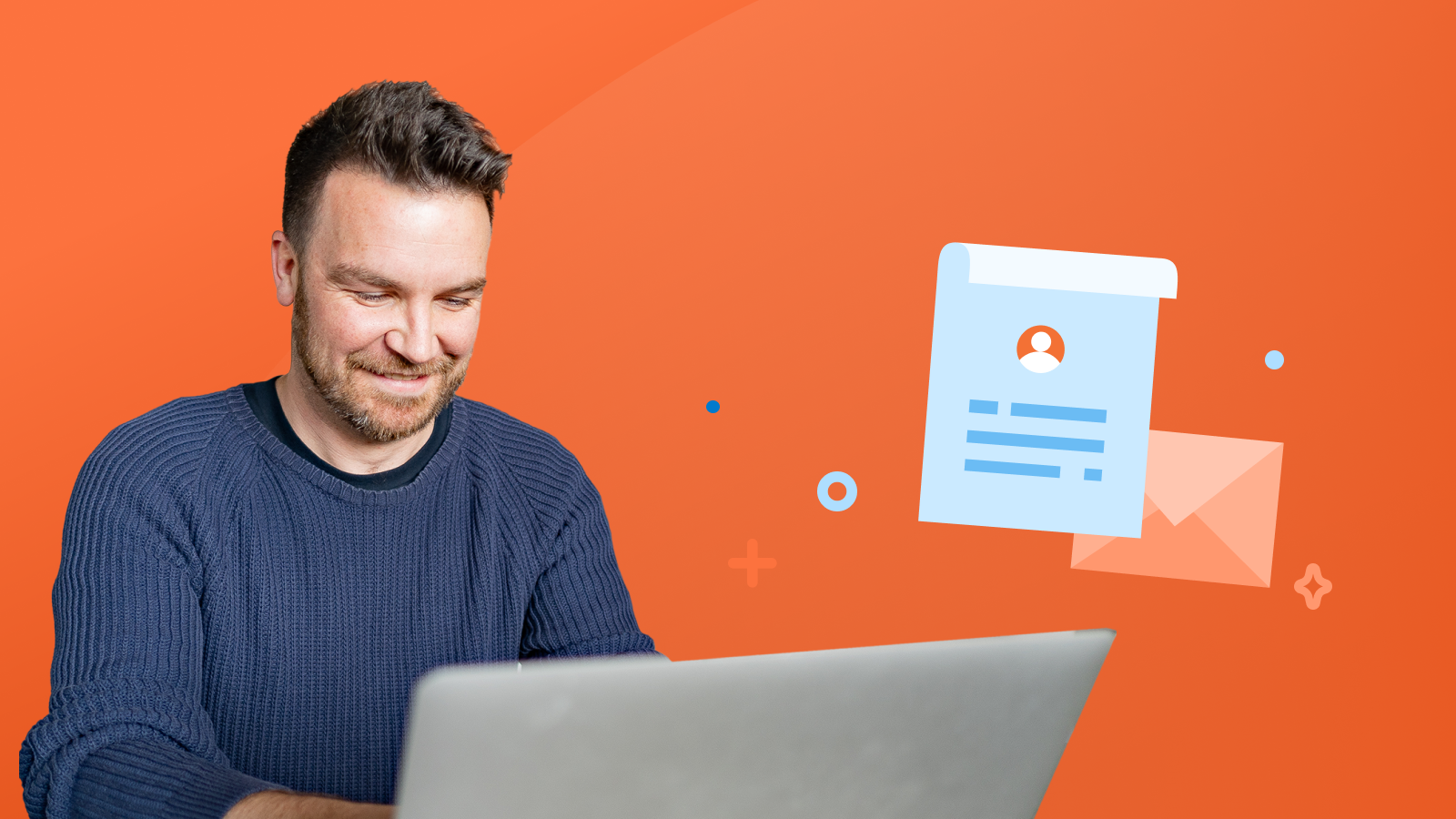 Man working on a laptop with an orange background and a CV illustration