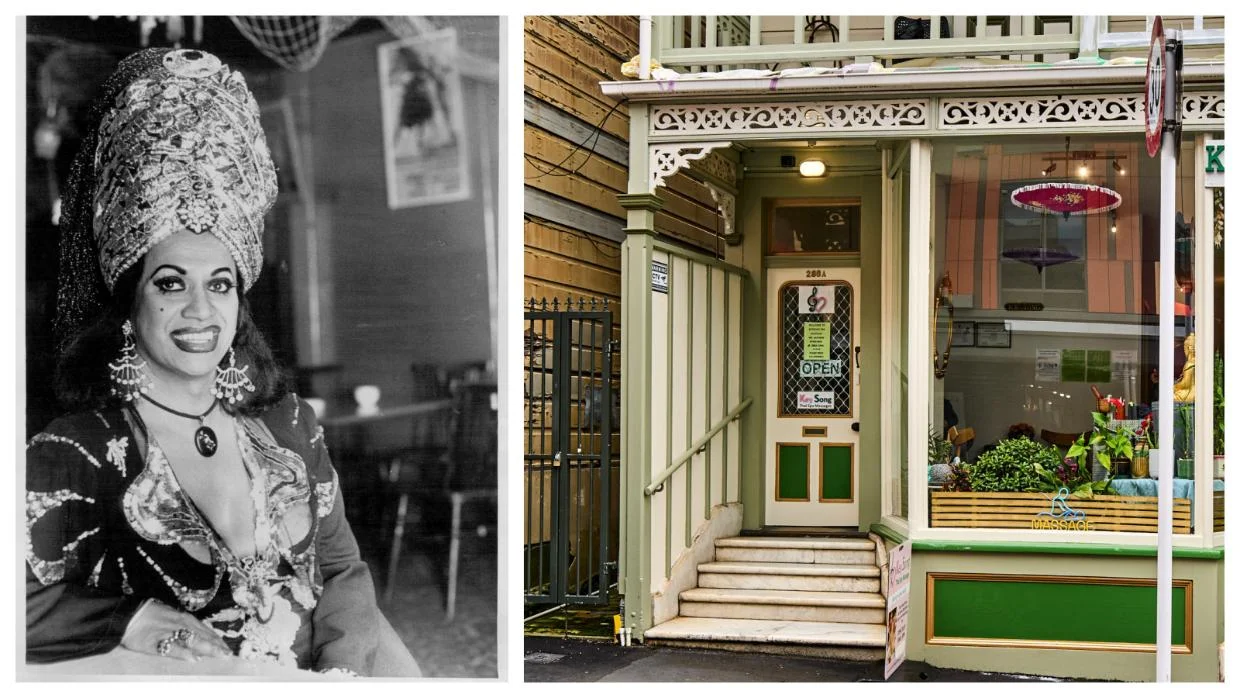 Photo of Carmen and the shopfront on Cuba St