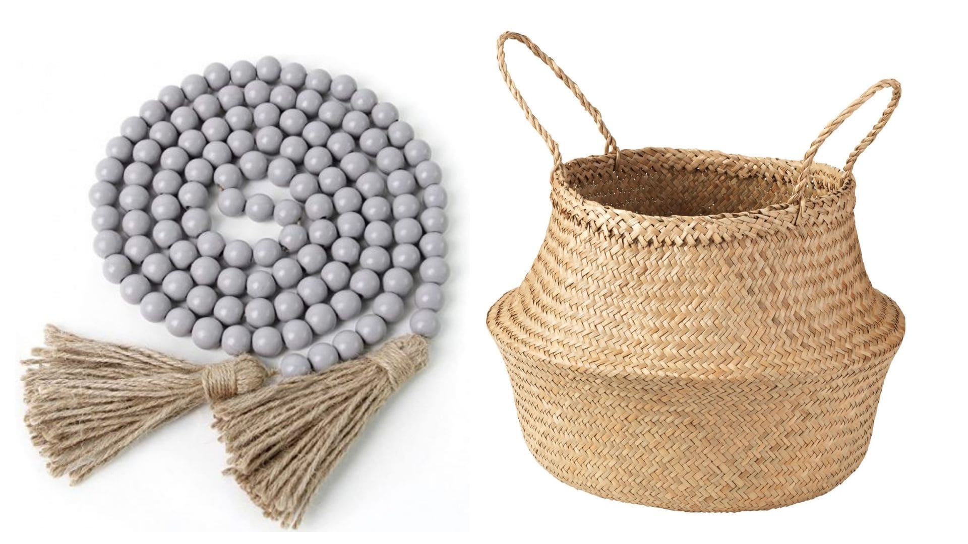On the left is a string of grey beads with hessian tassels and on the right is a sea-grass basket.