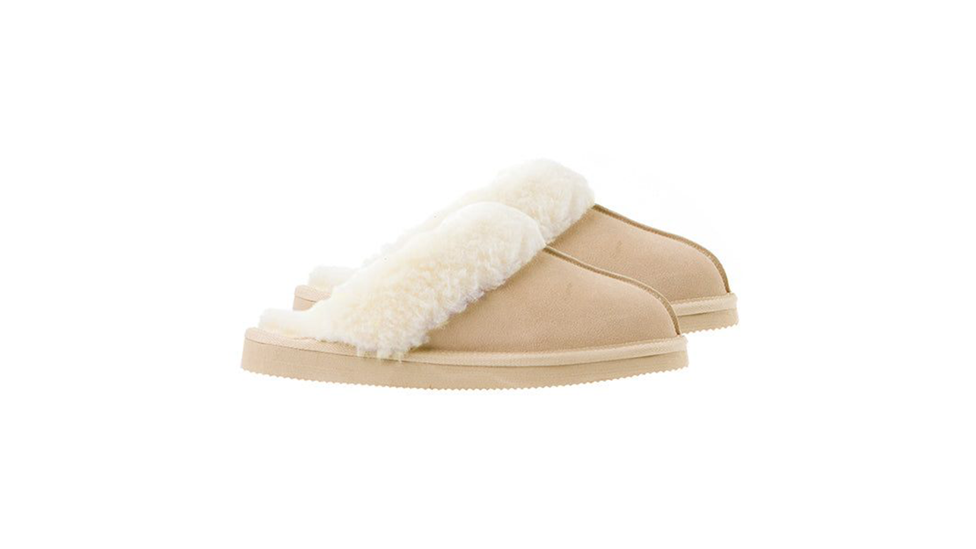 Beige slippers with a white wool lining.