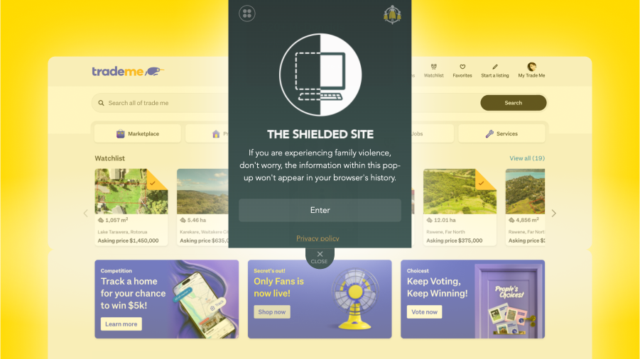 Image showing the location of the Shielded Site button, in the footer of the Trade Me site.