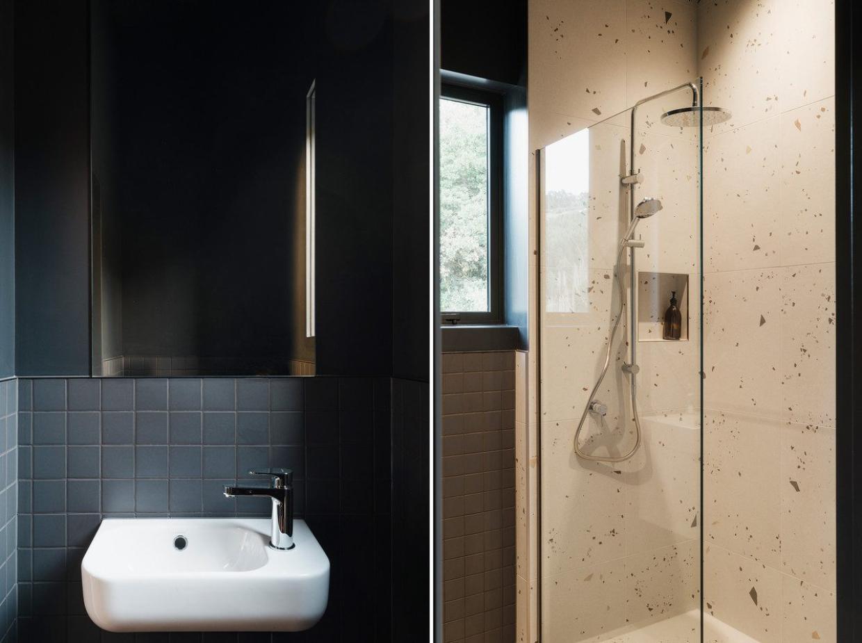 A modern and low maintenance bathroom in the small house.