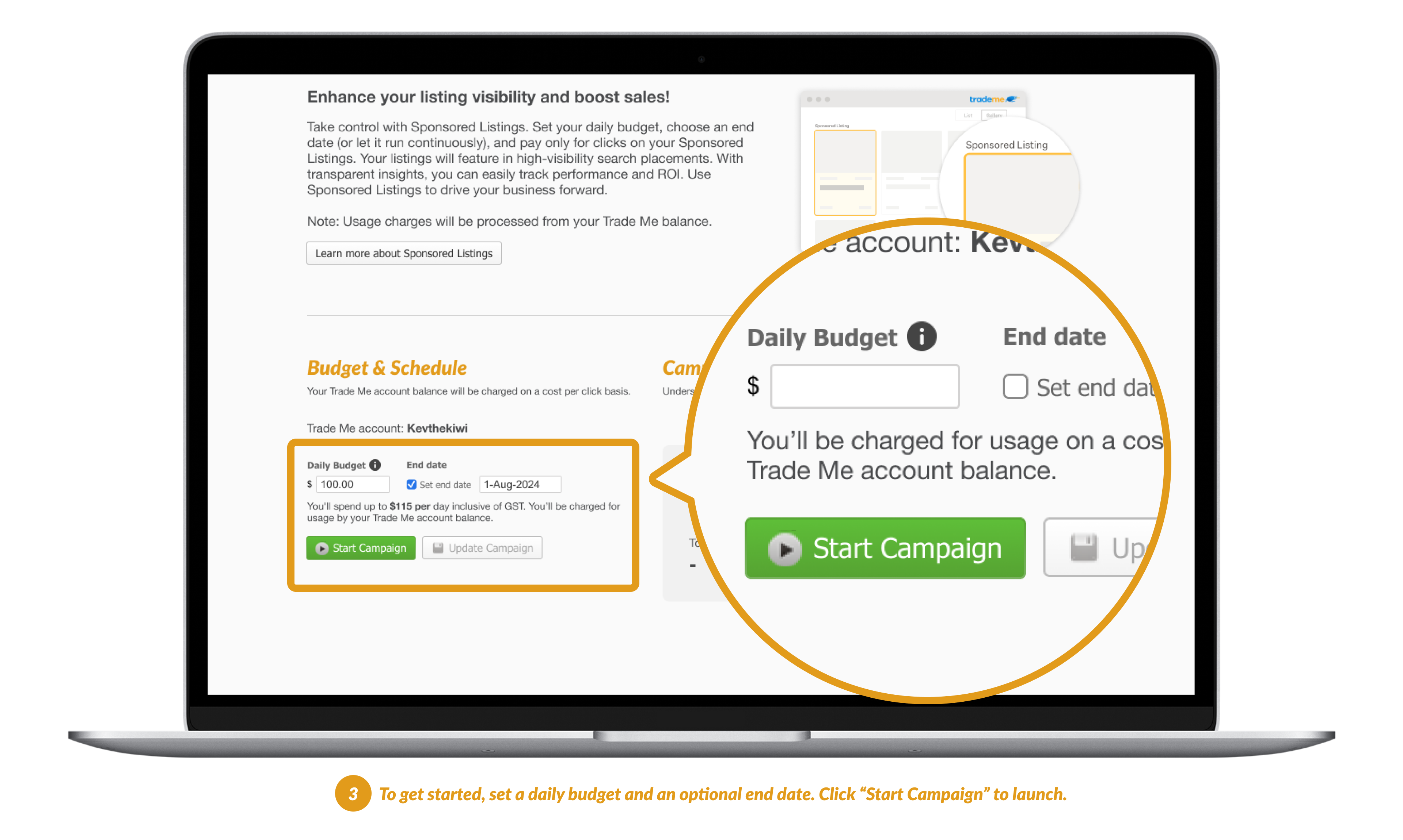 To get started, set a daily budget and an optional end date. Click "Start Campaign" to launch.