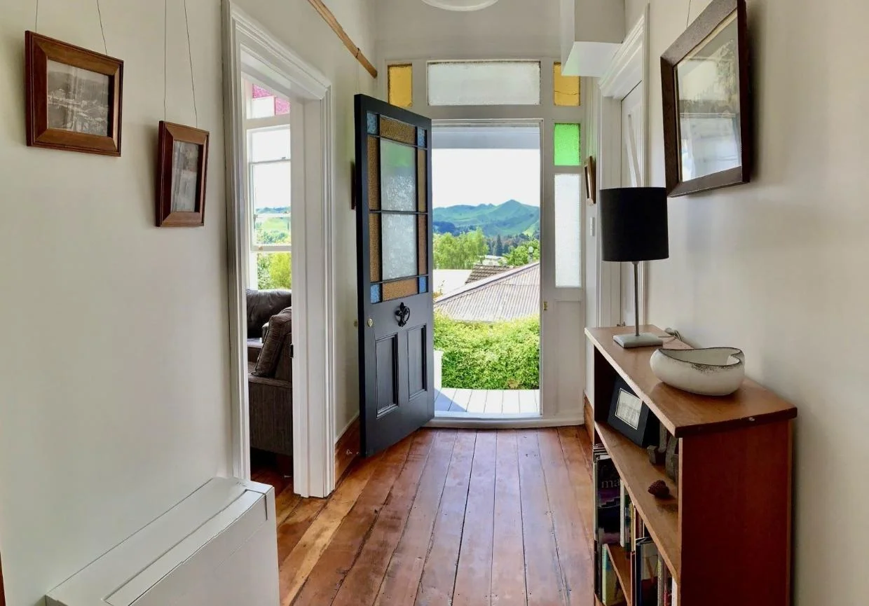 The home has stained glass and a great view over the town.