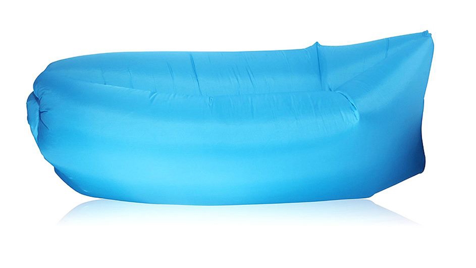 An inflated blue air sofa.