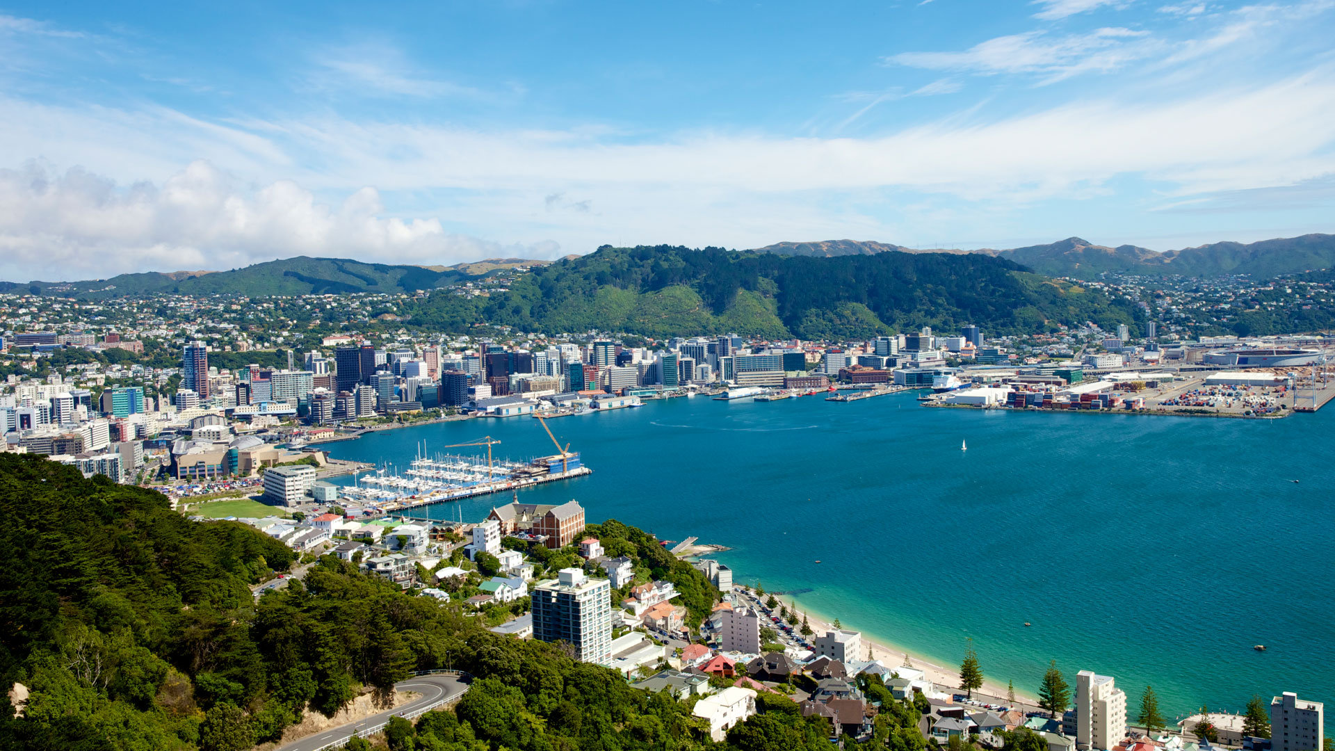 A photo of the Wellington waterfront from the Mt Victoria lookout.