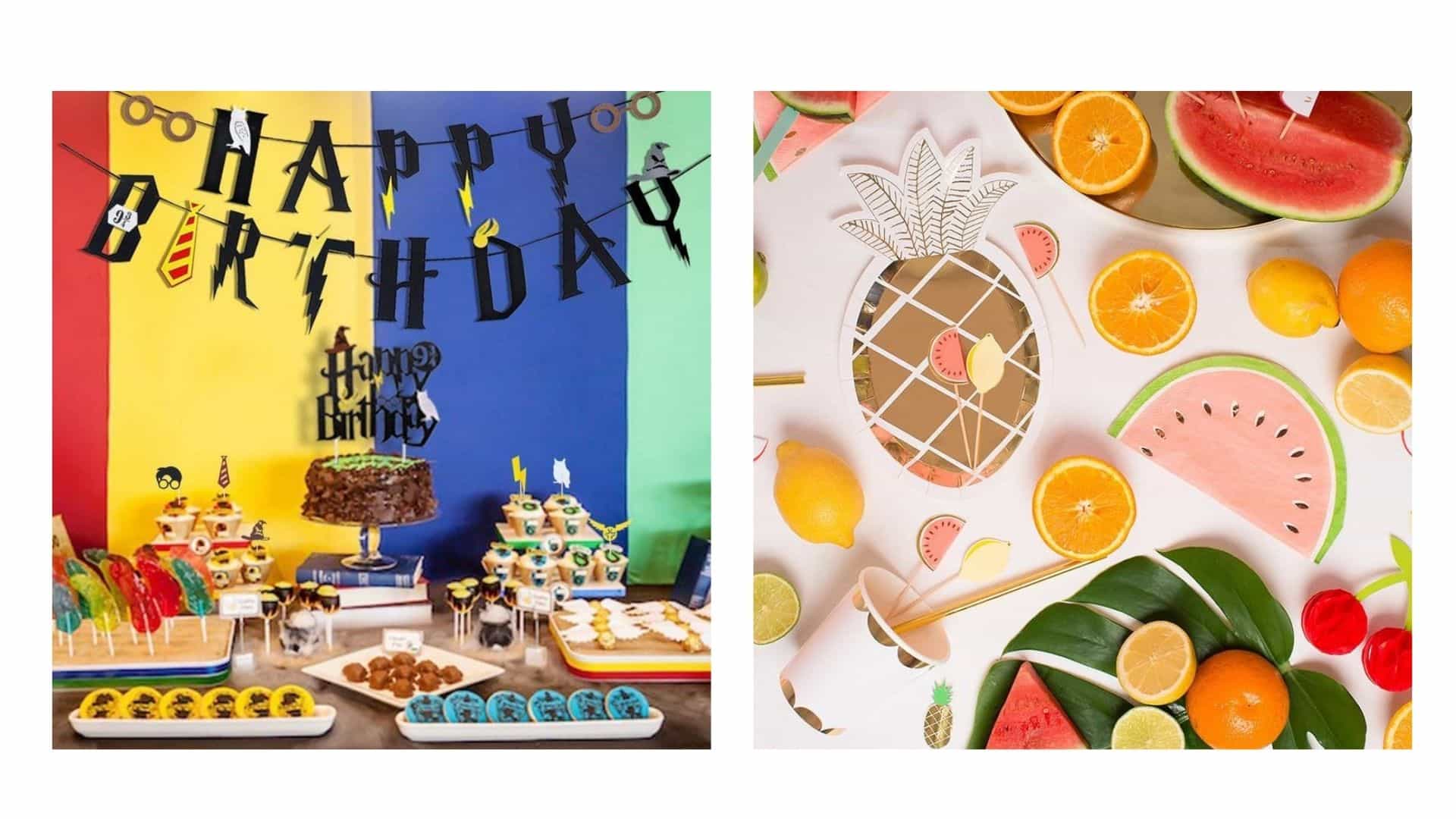 A split image, the one on the left showing a birthday cake, bunting, and treats in a Harry Potter theme, and the one on the right showing tropical island themed party decorations.