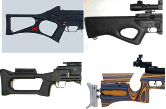 Four photos showing 4 types of unconventional firearm stocks that are permitted