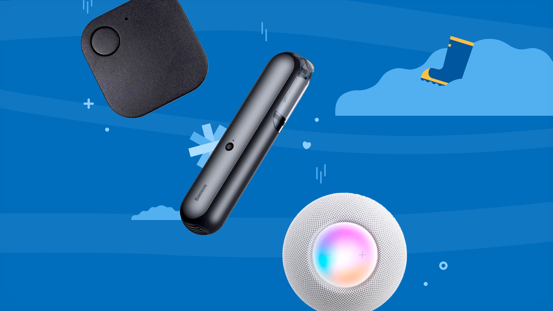  An array of Father's Day gift ideas displayed on a blue background - a key finder, Apple Homepod mini and a rechargeable cordless vacuum.