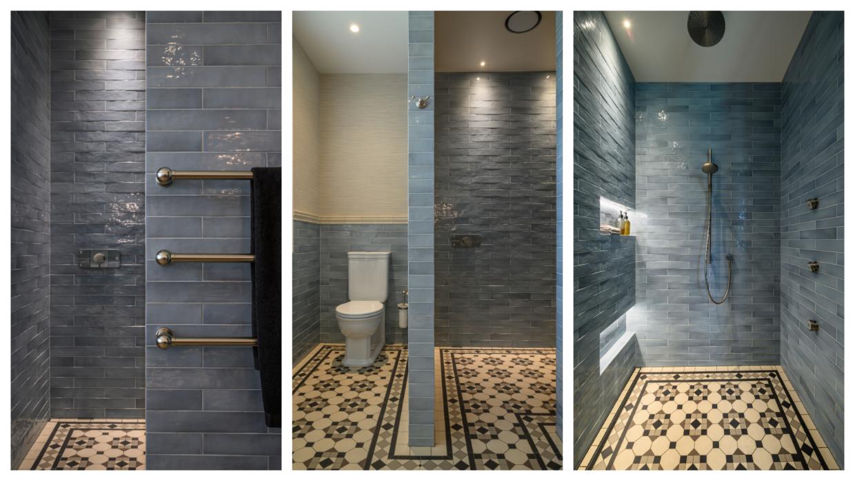 The border pattern on the tiled floor runs right around the bathroom.