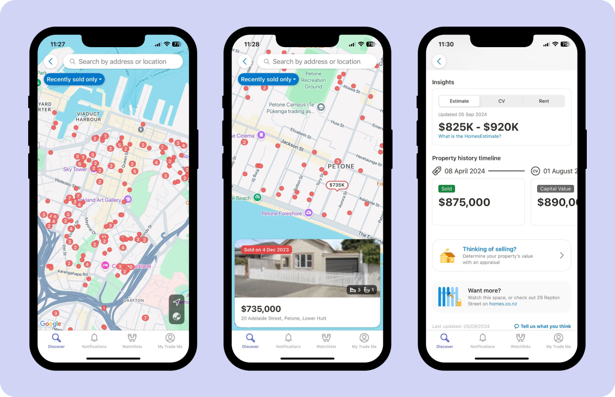 Phone mockups showing sold search in app