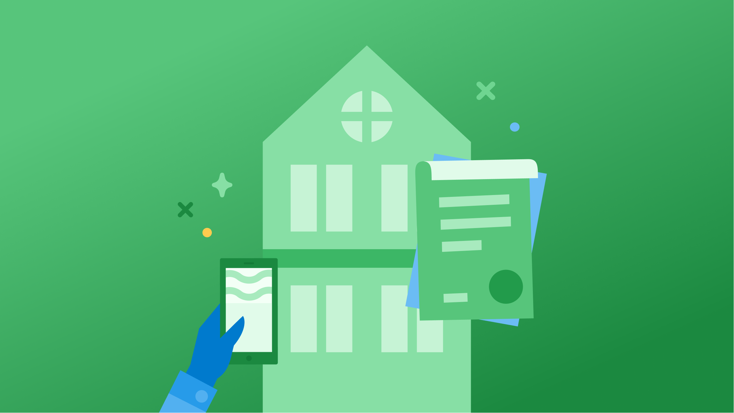 Illustration with a house and a hand holding a phone and a rental agreement