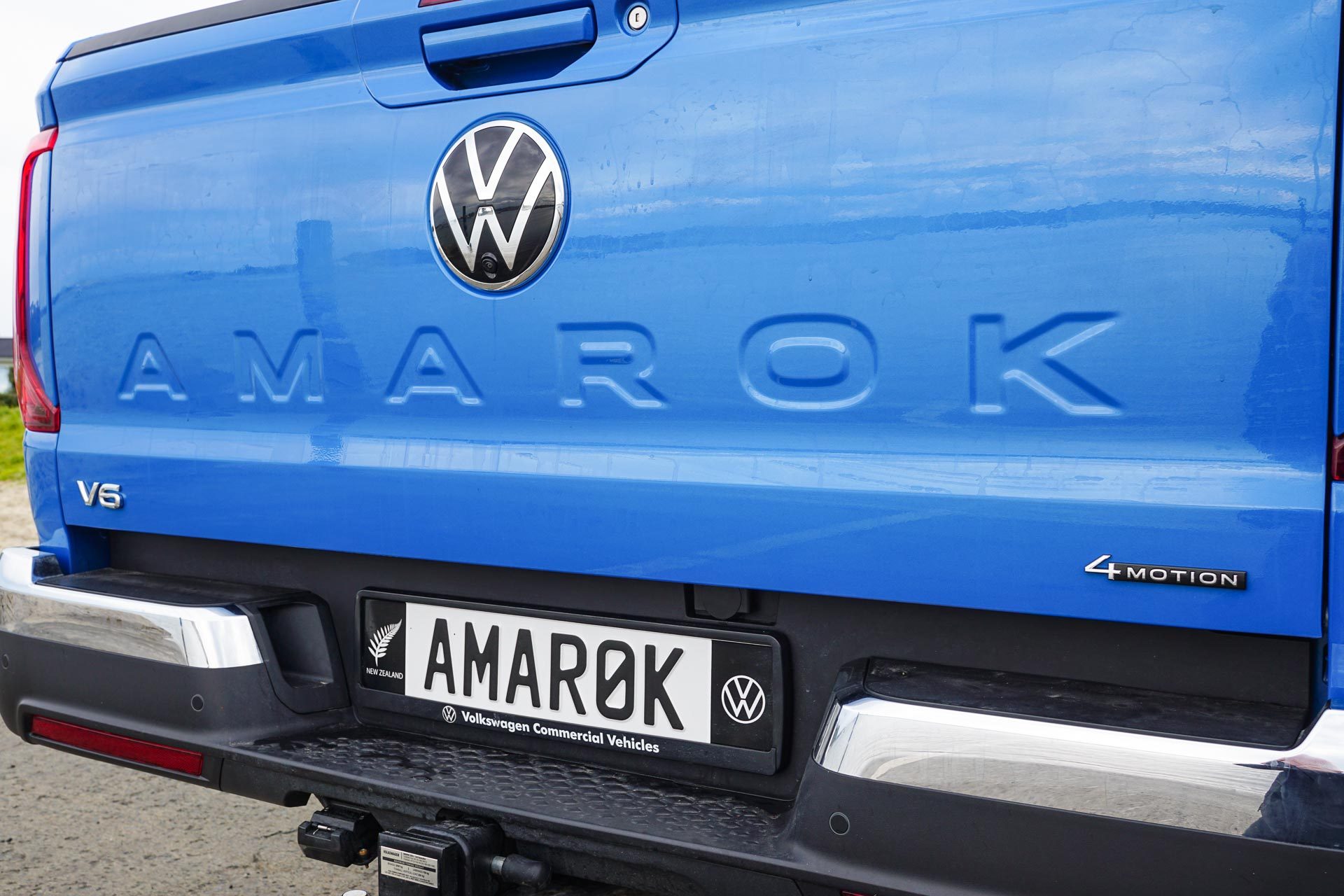 Blue 2023 Volkswagen Amarok close shot from the rear