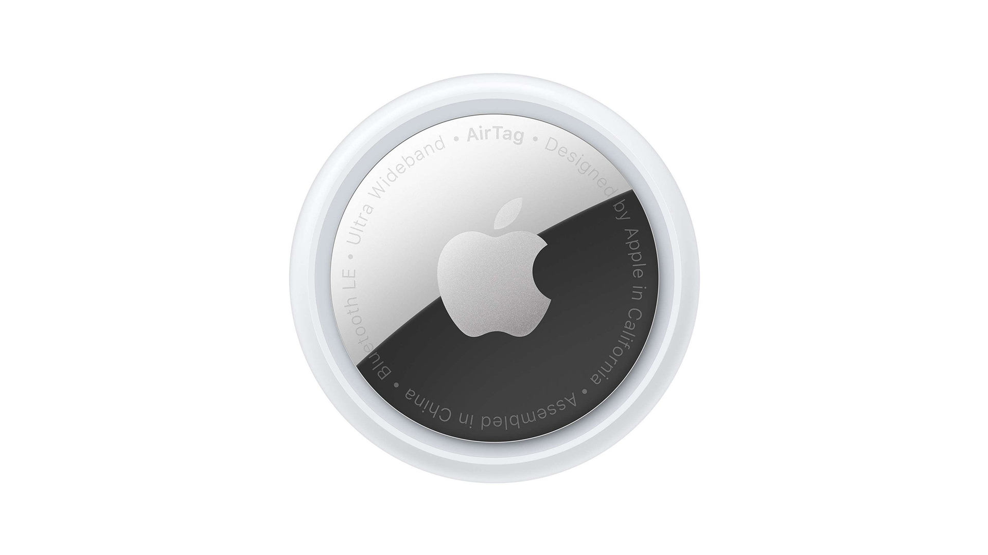 A single Apple AirTag – viewed from the side of the stainless steel battery cover.