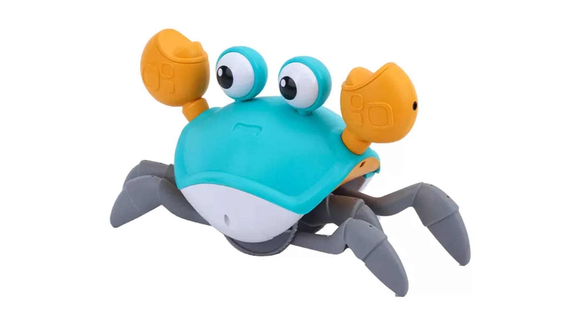 A crawling crab toy with exaggerated eyes, grey legs, a blue body and yellow pinchers