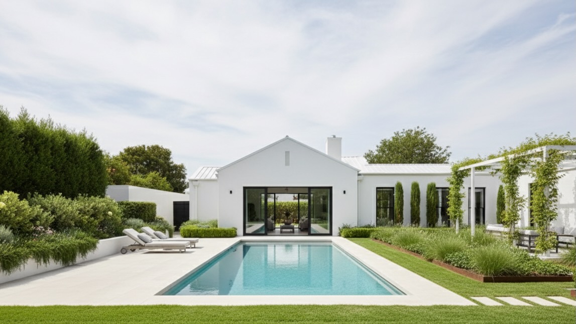 A clean, modern white exterior home with a minimalist garden featuring a white pergola covered in climbing wisteria, a concrete dining patio, and pool.