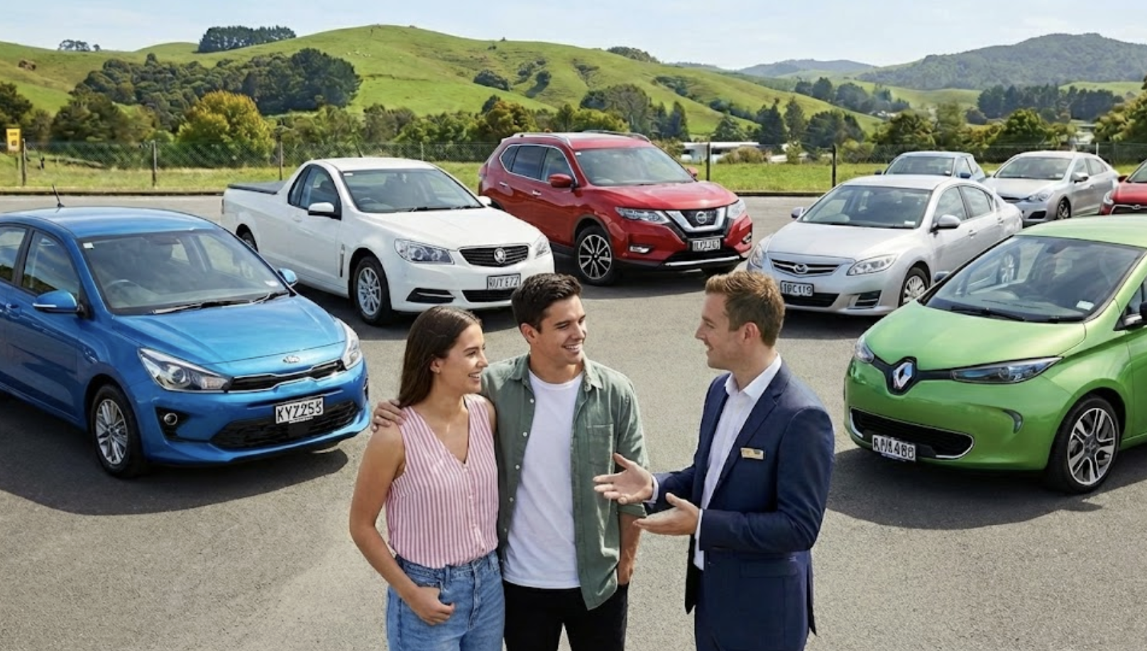 Kiwi couple buying a second-hand car from a dealer in New Zealand.