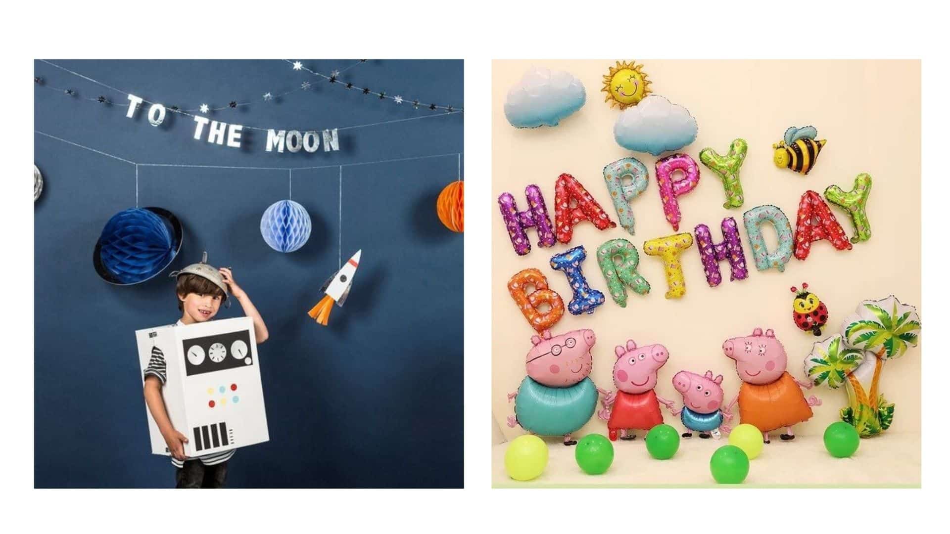A split image, one showing a kid in a homemade space rocket outfit with space themed party decorations behind him, and the other showing balloons shaped into the characters from Peppa Pig with the words Happy Birthday behind.