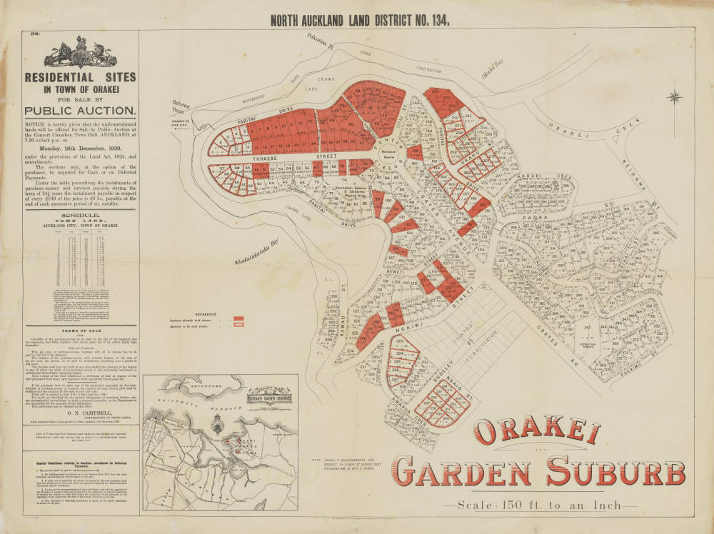 A historical 1928 land subdivision map of the Orakei Garden Suburb in North Auckland Land District No. 134, showing residential sites highlighted in red set for public auction.
