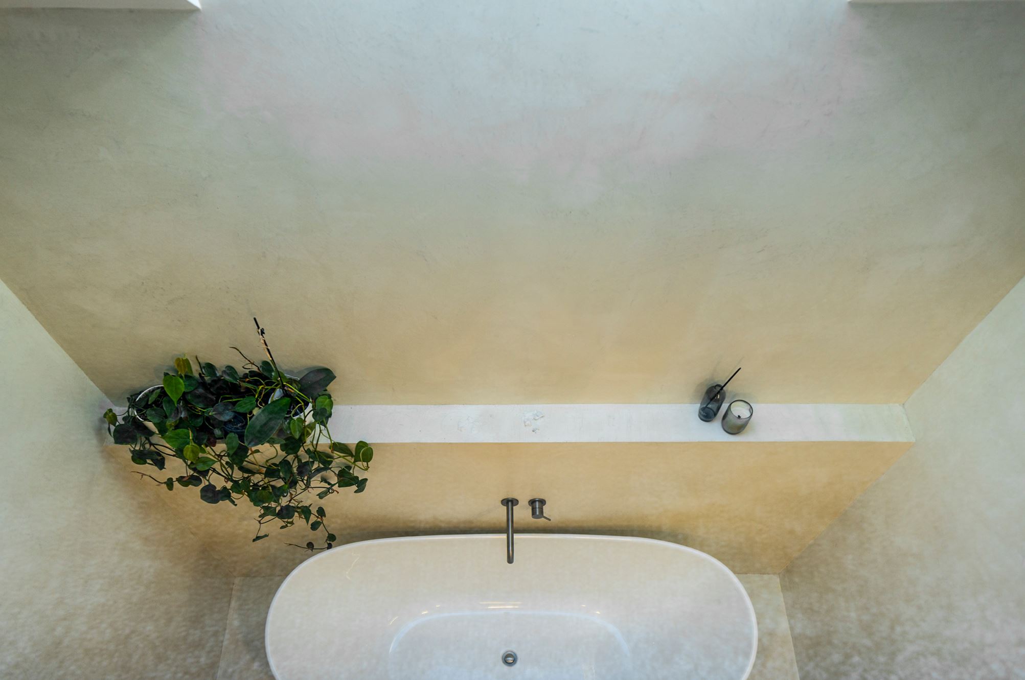 Trailing plants are a great option when floor space is limited. This bathroom, in Featherston Passive House by Josefine Watterson, is enhanced by the addition of lush greenery above the bath. Image: Simon Devitt.